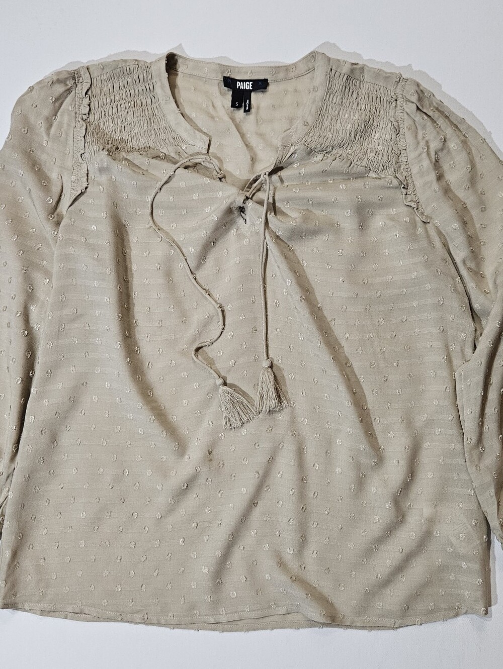 Paige Shaylene Clip Dot Blouse Womens Small Tan Peasant Top Tassel Neck